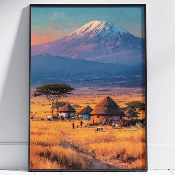 Mount Kilimanjaro Art Print African Landscape Decor Tanzania Travel Poster Safari Wall Village Scene Painting