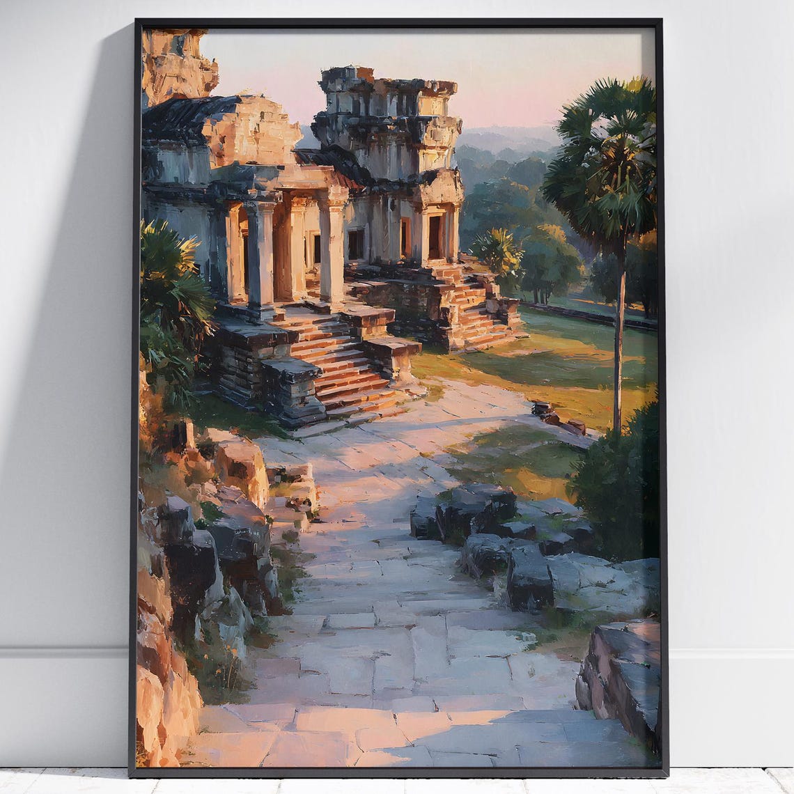 Angkor Wat Cambodia Ancient Stone Temple Sunrise Palm Ruins Print