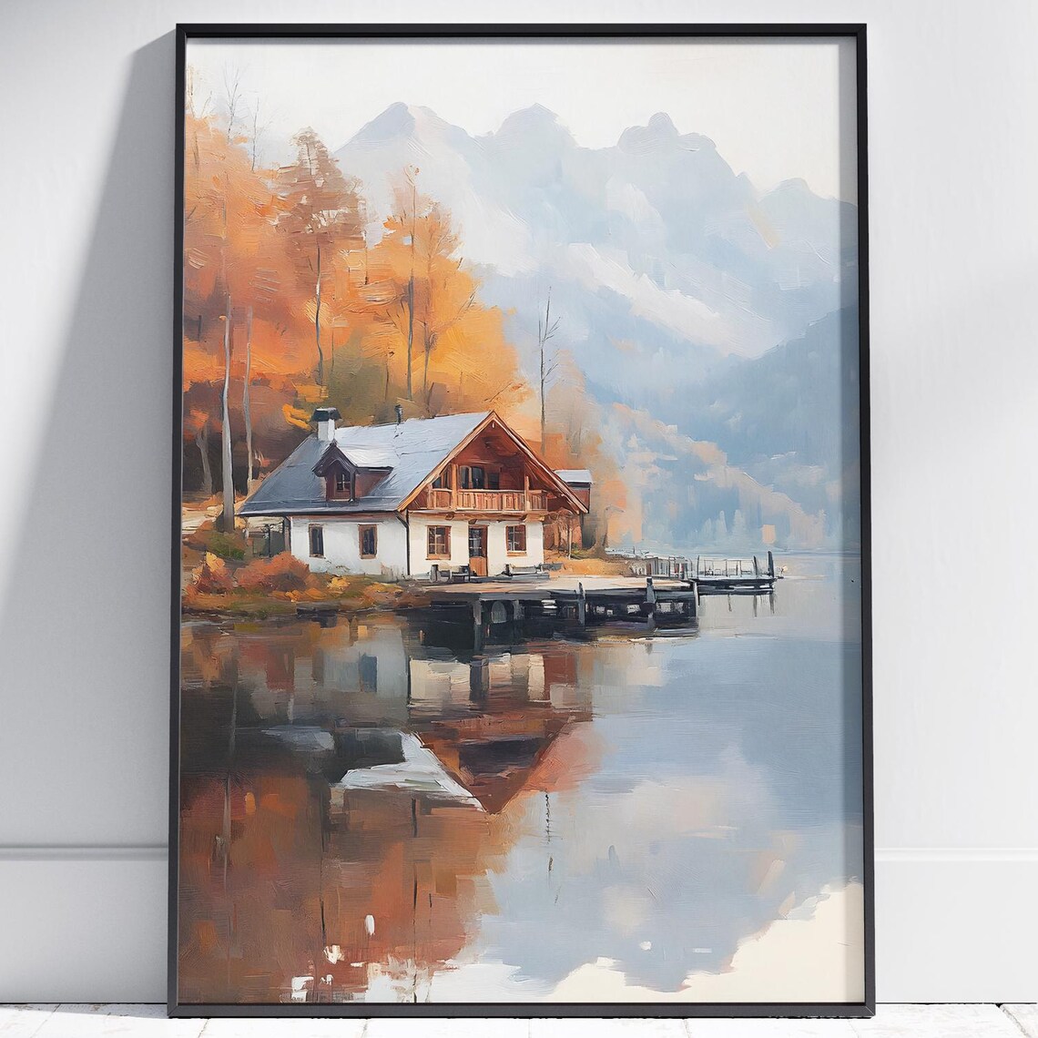 Autumn Lake House Cabin Fall Foliage Mountain Reflection Art Poster