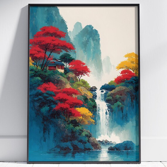 Chinese Waterfall Autumn Maple Trees Mountain Ink Painting Poster