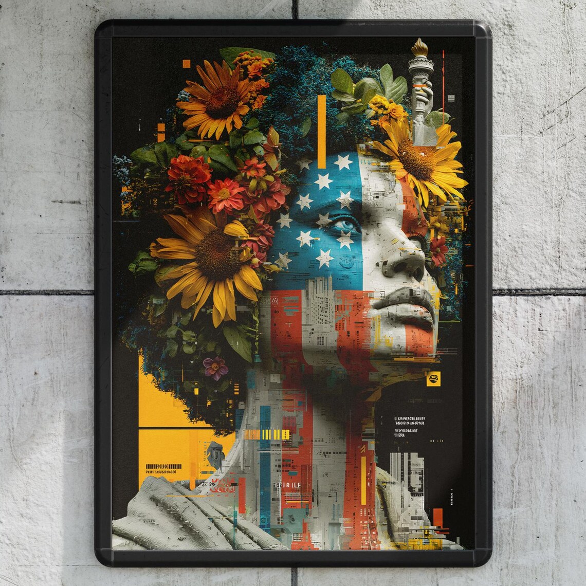 Bold Floral Face Collage Lady Liberty Sunflower Modern Art Print