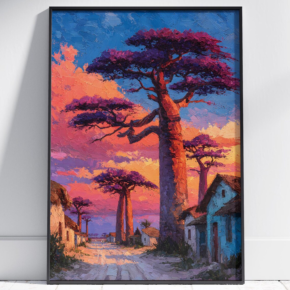 Madagascar Baobab Tree Avenue Village Sunset Impasto Landscape Print