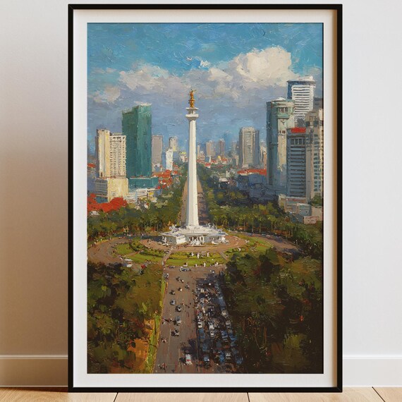Jakarta National Monument Art Print Indonesia Cityscape Wall Decor Monas Landmark Painting Instant Asian