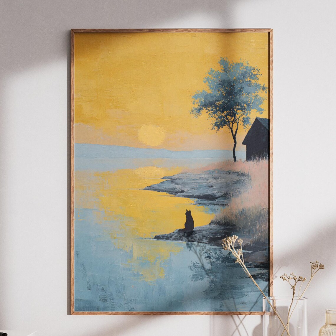 Golden Sunset Lake with Black Cat Silhouette Peaceful Art Print