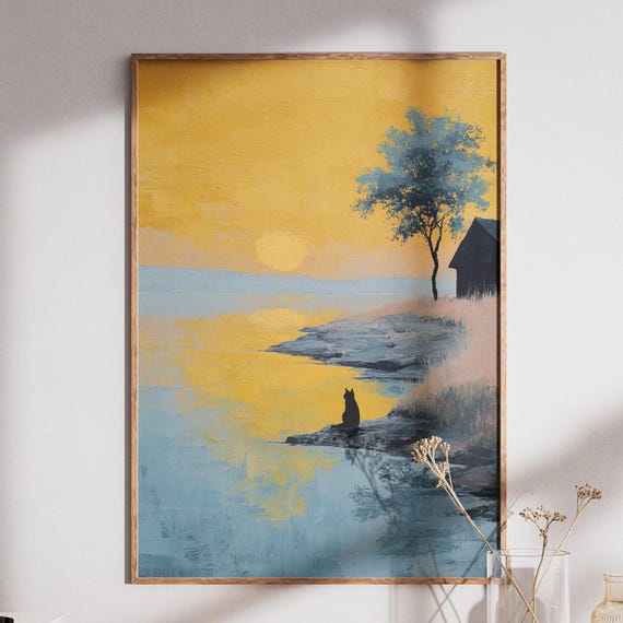 Golden Sunset Lake Art Print Tree Reflection Landscape Serene Nature Wall Peaceful Home Decor Poster