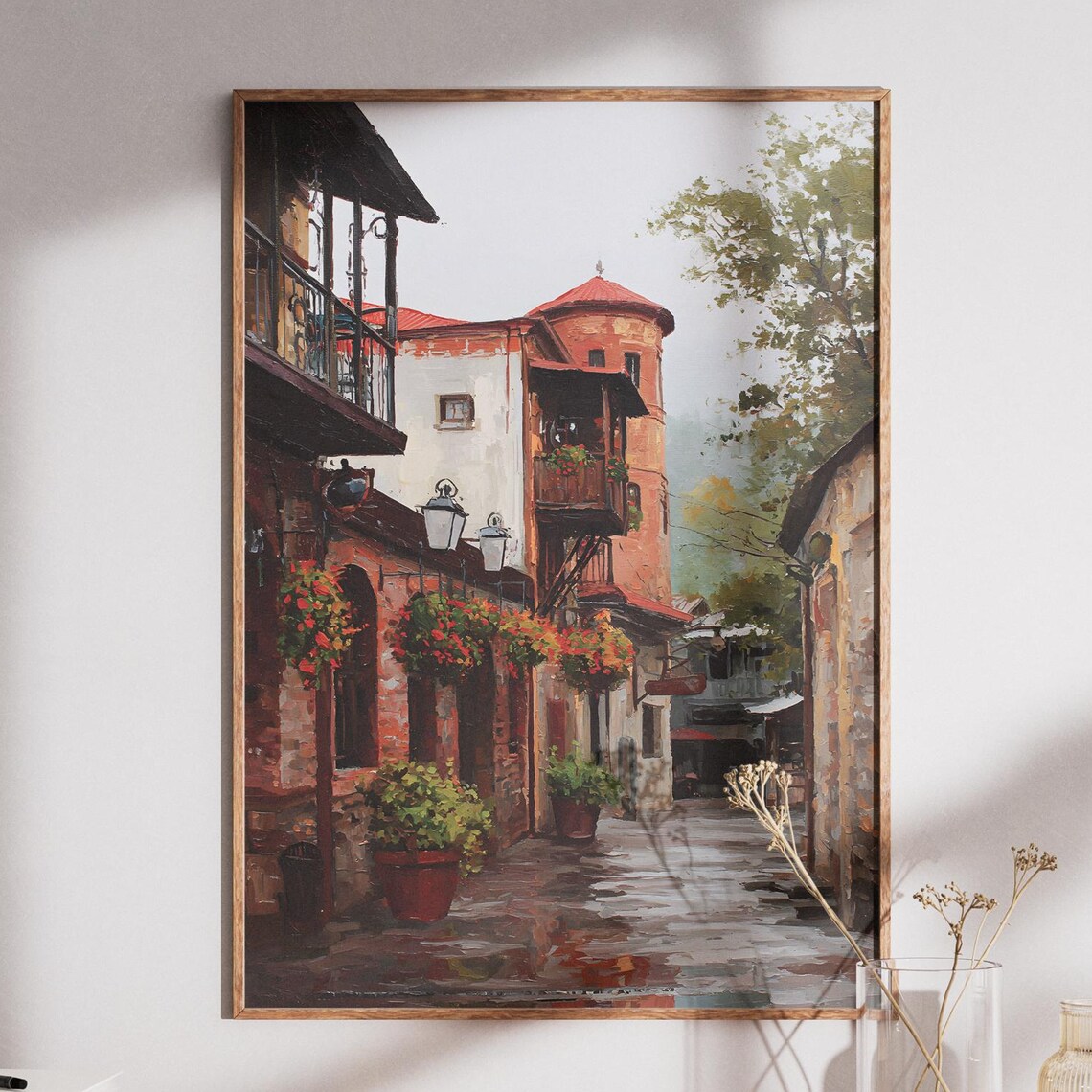 Beirut Old City Rainy Alleyway Flower Baskets Oil Painting Wall Poster