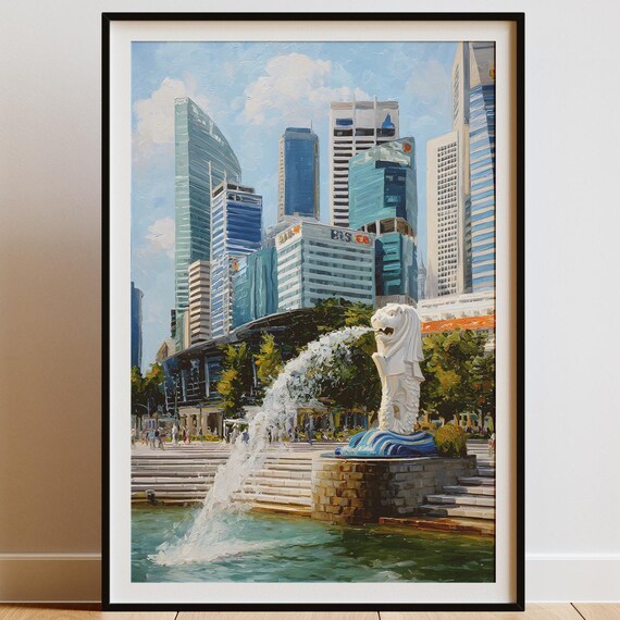 Singapore Merlion Art Print Cityscape Wall Decor Asia Travel Landmark Painting Instant Office