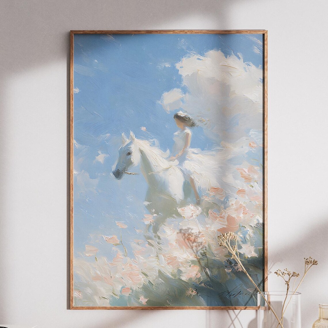 Woman Riding White Horse Through Dreamy Floral Sky Art Painting Poster