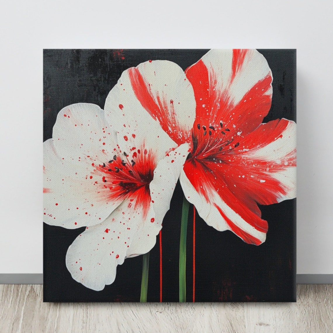 Red White Splatter Bloom Flowers Dramatic Black Background Art Poster