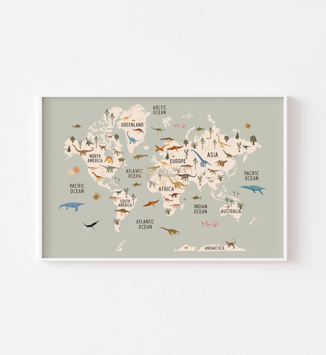 Dinosaur World Map Sage Green Nursery Dinosaurs Room Wall Art - Image 2