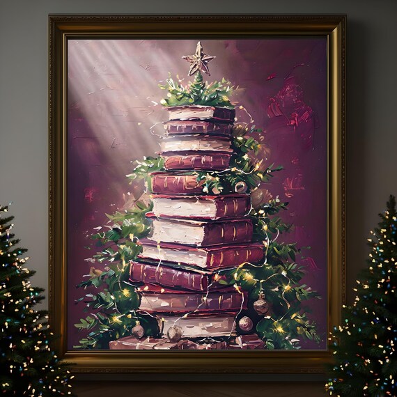 Christmas Book Stack Tree With Star Oil Painting Holiday Poster