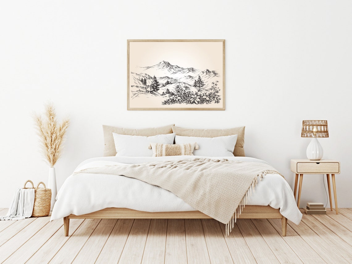 Black And White Beautiful Mountain And Village Home Decor Farmhouse Home Decor Country Style Home Art - Image 2