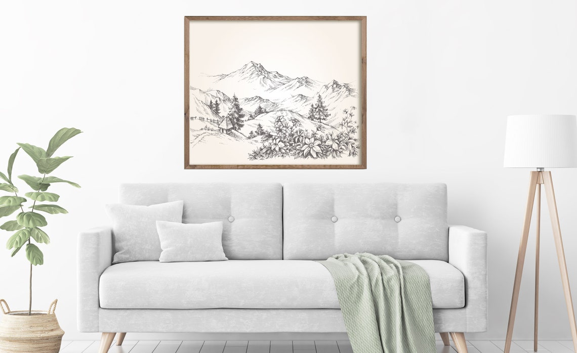 Black And White Beautiful Mountain And Village Home Decor Farmhouse Home Decor Country Style Home Art - Image 5