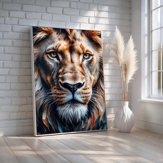 Lion Face Close Up Canvas Poster Powerful Wildlife Wall Art Bold Animal Painting For Living Room Office Or Man Cave Decor To Hang