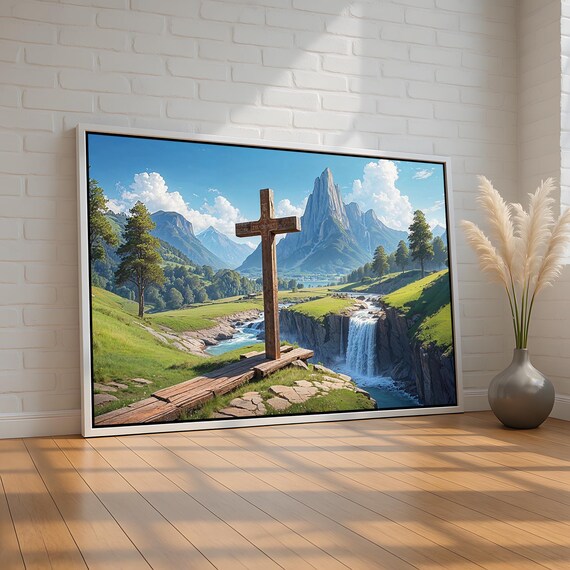 Wooden Cross Over Mountain Valley Waterfall Christian Faith Poster