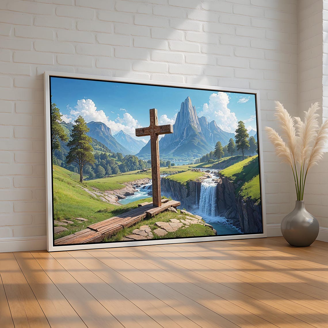 Wooden Cross Over Mountain Valley Waterfall Christian Faith Poster
