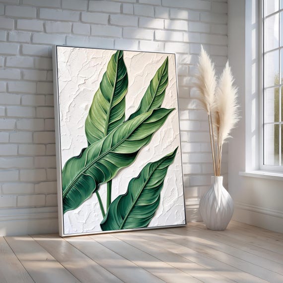 Banana Leaf Wall Art Tropical Green Plant Canvas Print With Textured White Background Modern Botanical Decor Ready To Hang