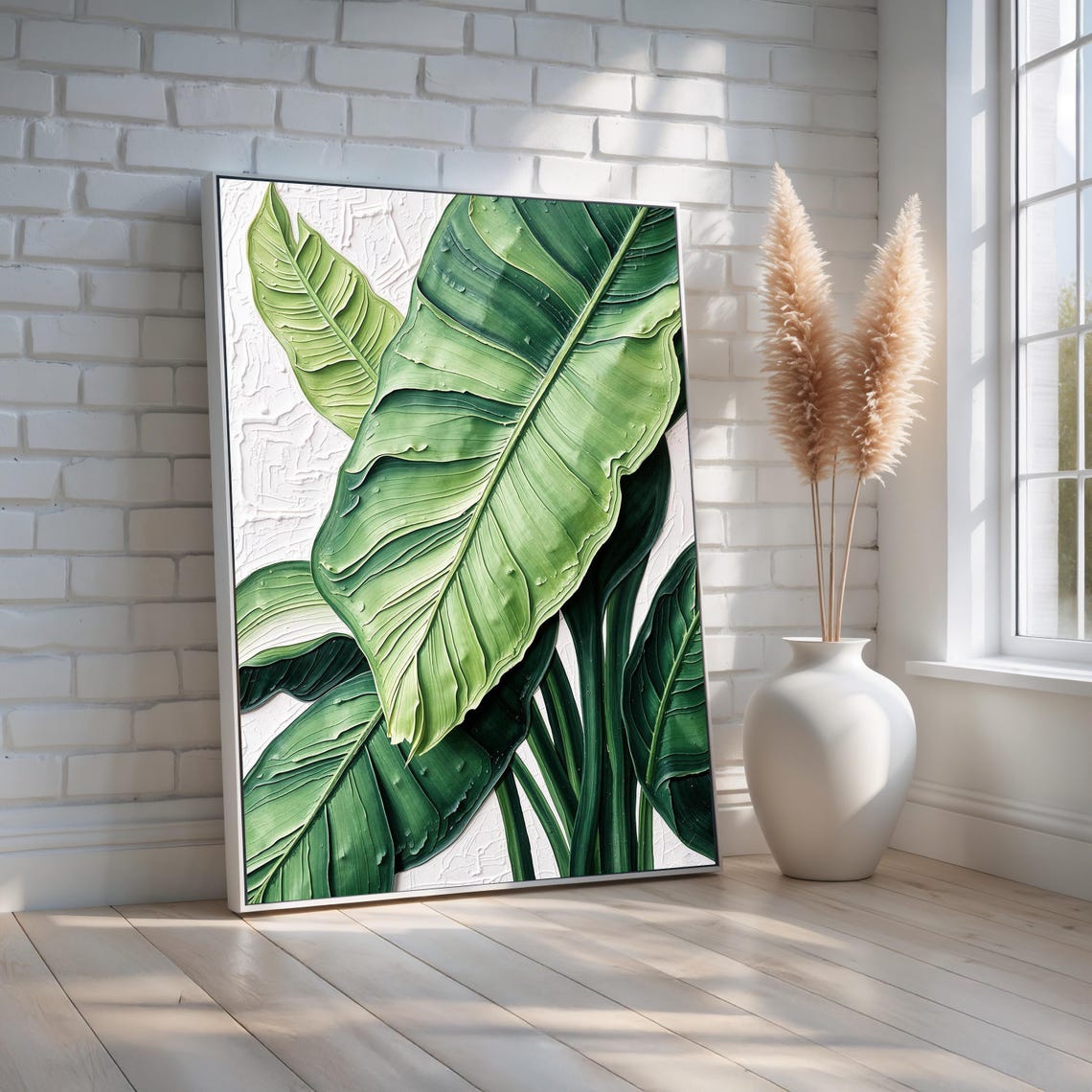 Lush Banana Leaf Wall Art Tropical Green Botanical Canvas Print With White Texture Background Jungle Home Decor Ready To Hang