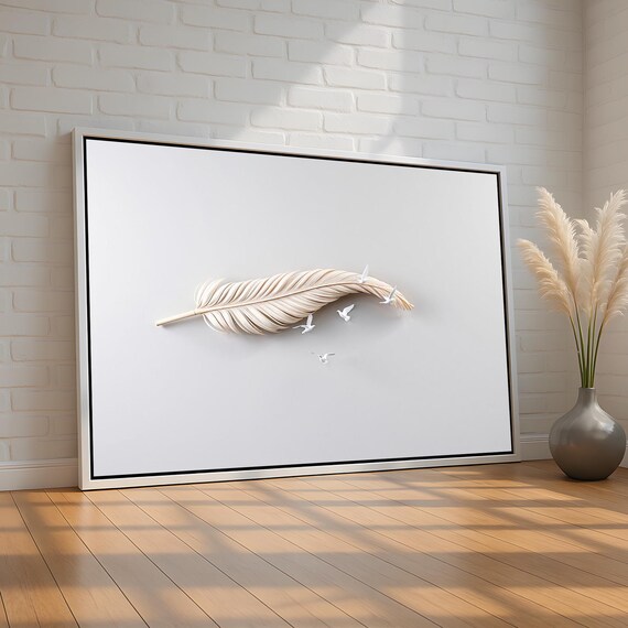 Minimalist Feather And Doves Wall Art Soft Neutral Canvas For Modern Decor Peaceful Symbolic Print Bedroom Or Office Ready To Hang