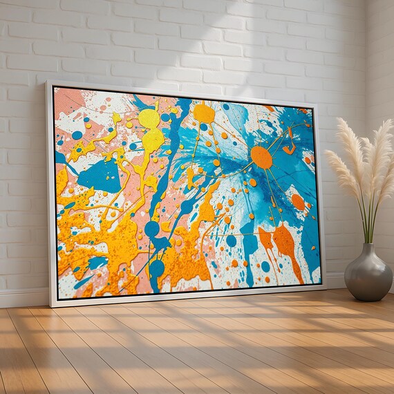 Colorful Abstract Splatter Wall Art Modern Paint Drip Canvas Bold Blue Yellow Pink Artwork Energetic Vibe Room Decor Ready To Hang