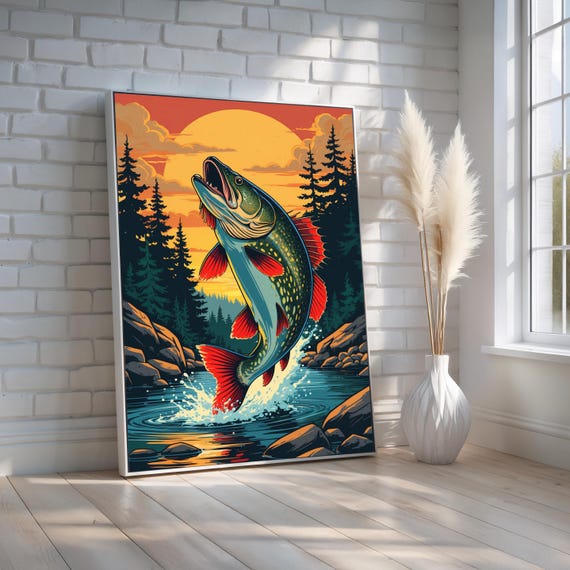 Jumping Pike Fishing Art Bold Lake Sunset Canvas Poster Lively Angler Wall Decor For Cabin Or Lodge Ready To Hang