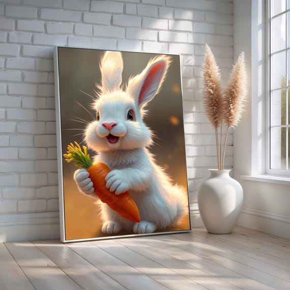 Adorable Bunny Wall Art Happy White Rabbit Holding Carrot Canvas Print Cute Easter Or Nursery Animal Decor For Kids Ready To Hang
