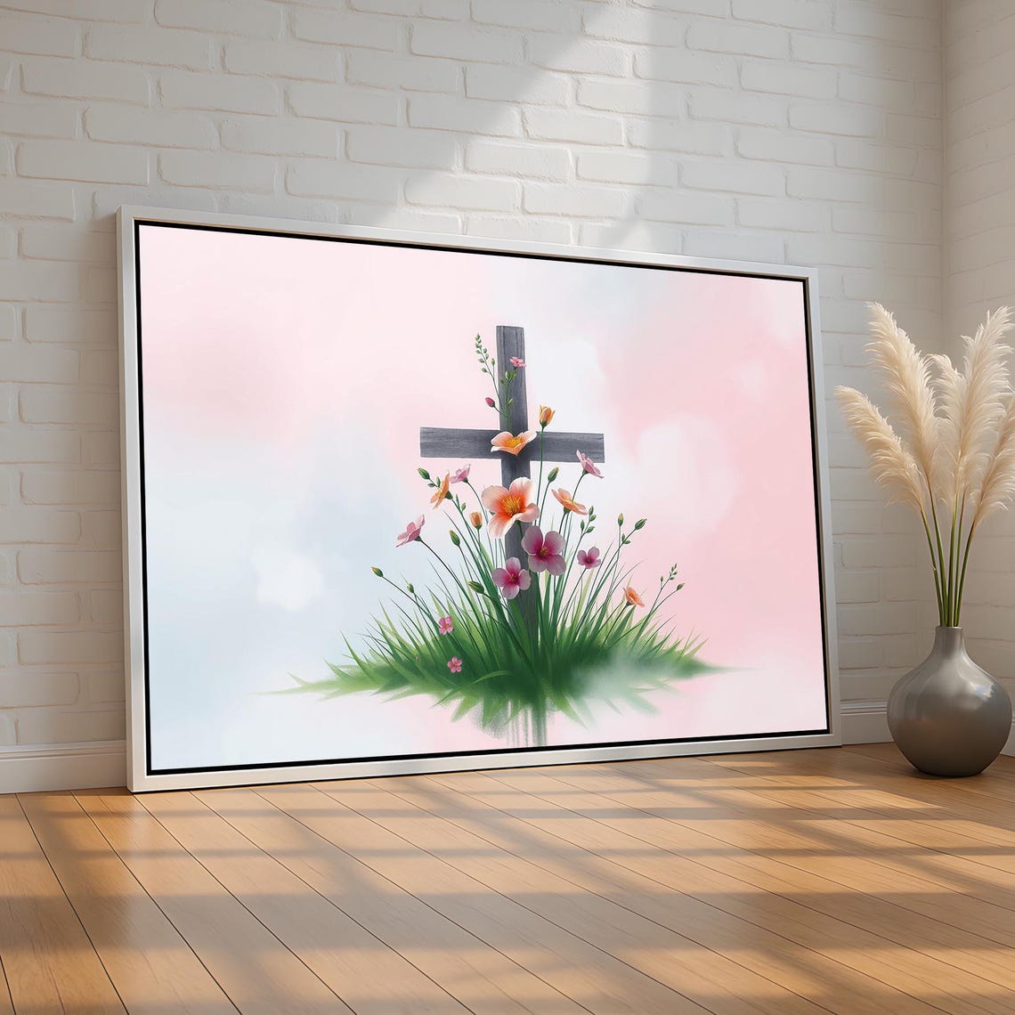 Rustic Wooden Cross With Wildflowers Pink Christian Faith Wall Art