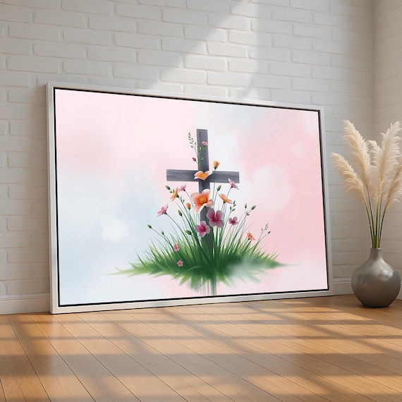 Rustic Wooden Cross With Wildflowers Pink Christian Faith Wall Art