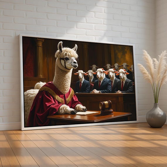 Funny Llama Judge Courtroom Wall Art Quirky Animal Humor Canvas Or Poster Sheep Jury Farmhouse Office Decor Ready To Hang