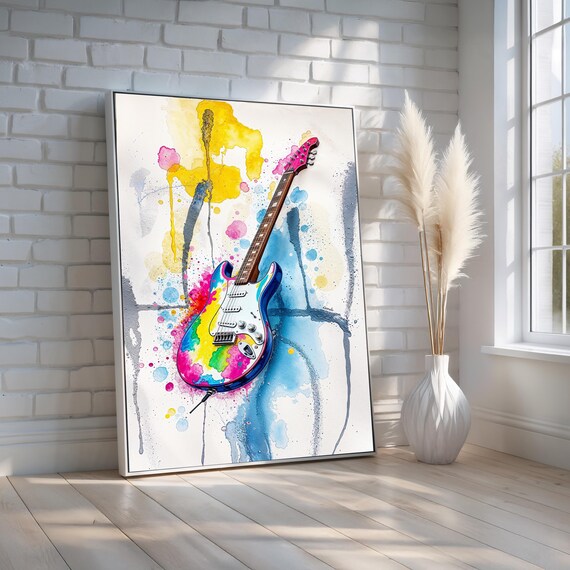 Electric Guitar Watercolor Painting Colorful Music Room Decor Poster