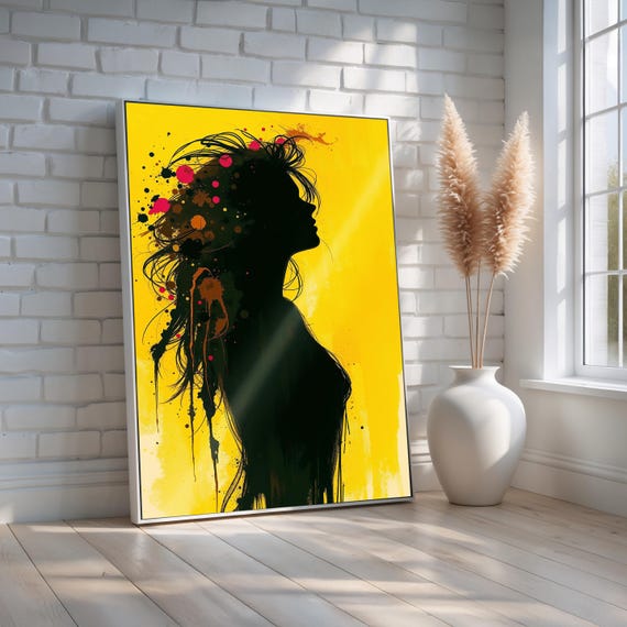 Bold Woman Silhouette Wall Art Abstract Pop Style Canvas With Yellow Background Feminine Strength Expression Ready To Hang