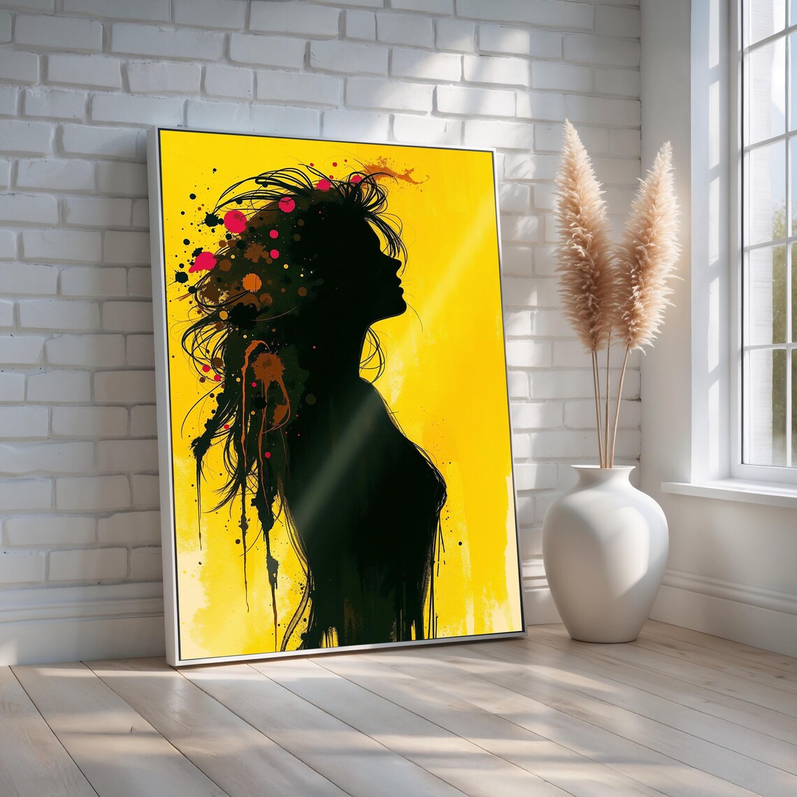 Bold Woman Silhouette Wall Art Abstract Pop Style Canvas With Yellow Background Feminine Strength Expression Ready To Hang