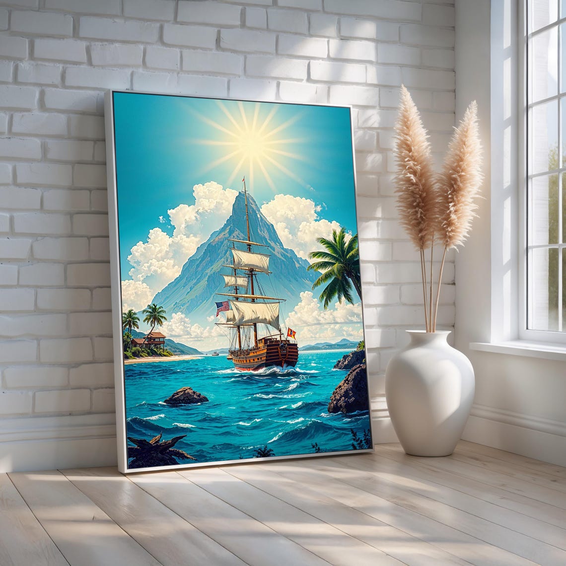 Tall Sailing Ship Tropical Island Seascape Sunlit Mountain Peak Poster