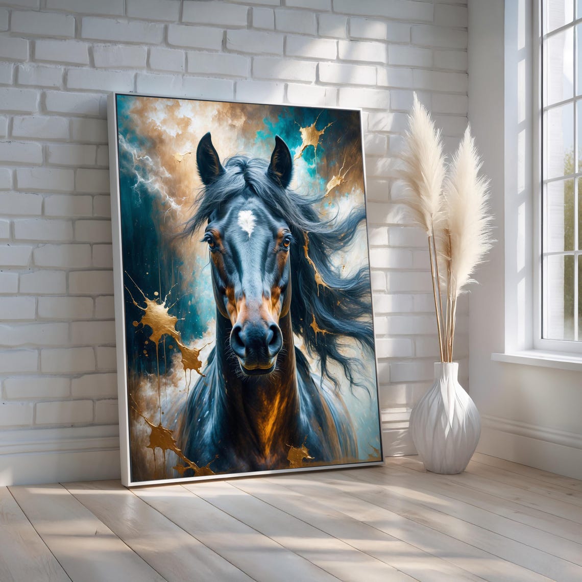 Majestic Black Horse Portrait Teal Gold Abstract Paint Splash Wall Art