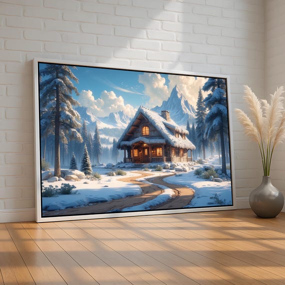 Cozy Winter Cabin Wall Art Snowy Log Home In Pine Forest Rustic Mountain Decor Aframe Lodge Canvas Print Ready To Hang