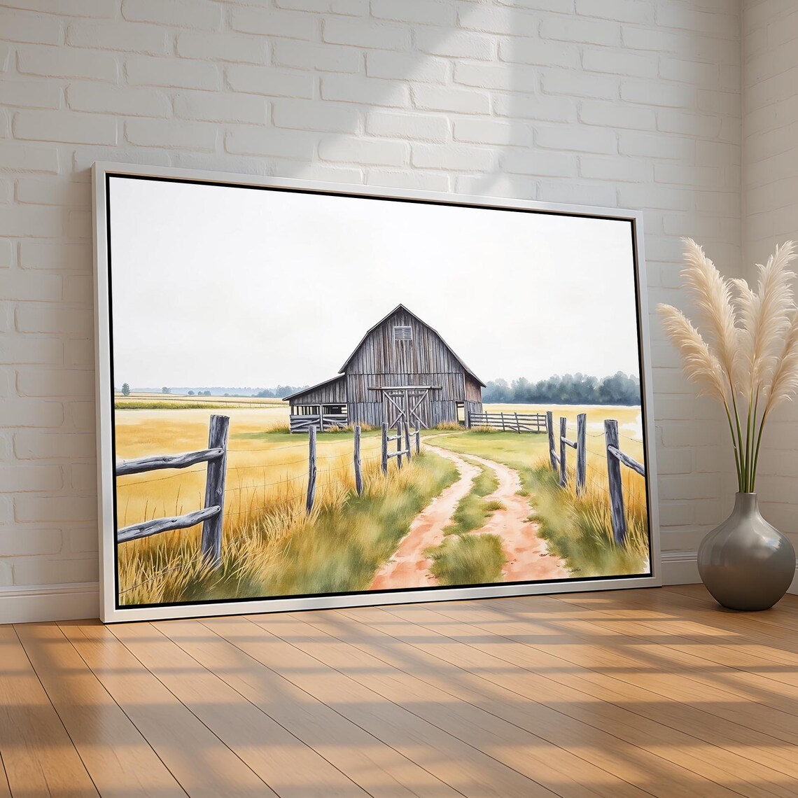 Rustic Weathered Barn Country Road Golden Wheat Field Painting Poster
