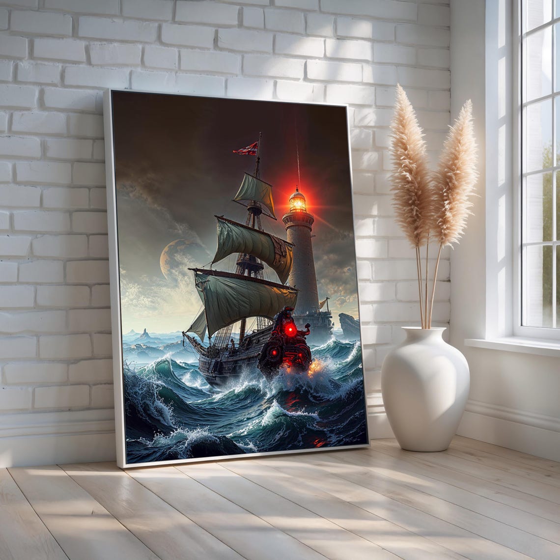 Steampunk Pirate Ship Night Ocean Lighthouse Fantasy Canvas Print