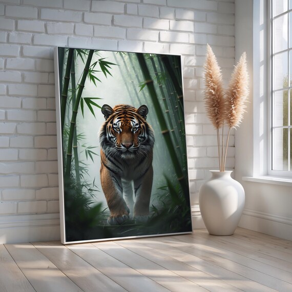 Majestic Tiger Poster Jungle Wildlife Wall Art Bold Bengal In Bamboo Forest Print Powerful Animal Decor Ready To Hang