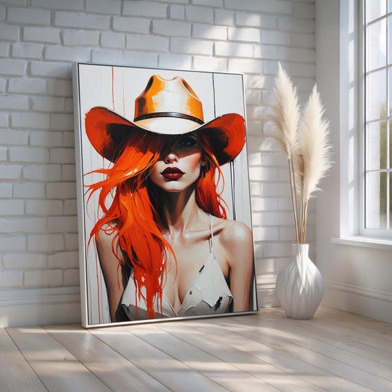 Cowgirl Wall Art Western Portrait Of Redhaired Woman In Hat Bold Feminine Country Painting Modern Southwest Decor Ready To Hang