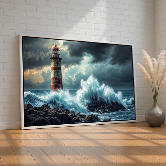 Stormy Lighthouse Canvas Giant Ocean Wave Wall Art Nautical Coastal Decor Print Bold Seascape Poster Symbol Of Strength Ready To Hang