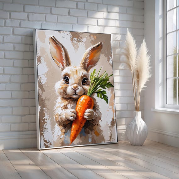 Cute Bunny Wall Art With Carrot Whimsical Rabbit Canvas Print For Nursery Or Kids Room Spring Animal Decor Home Ready To Hang