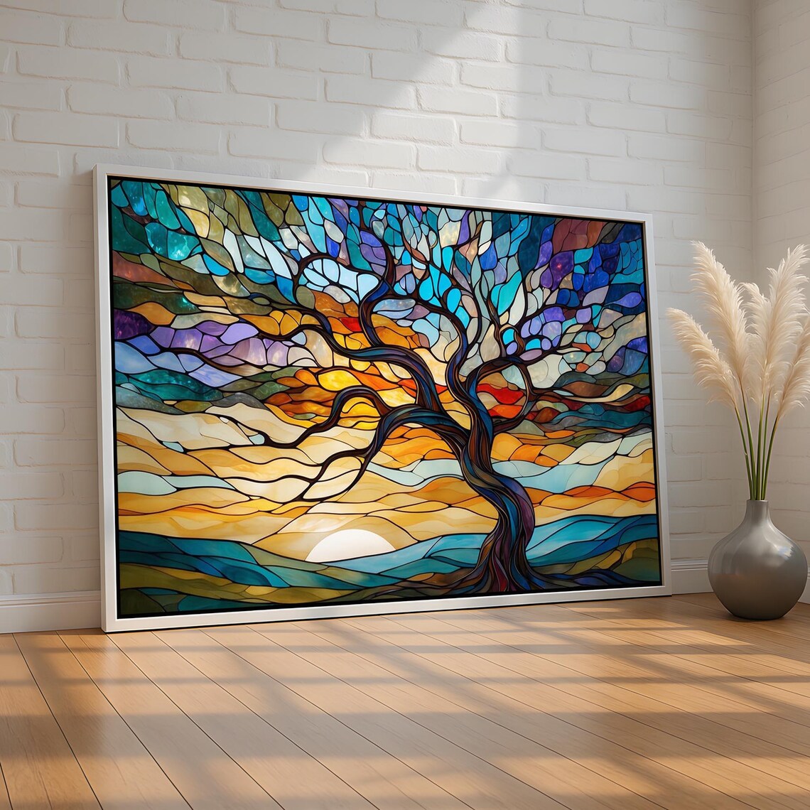 Stained Glass Tree Poster, Vibrant Sunset Landscape