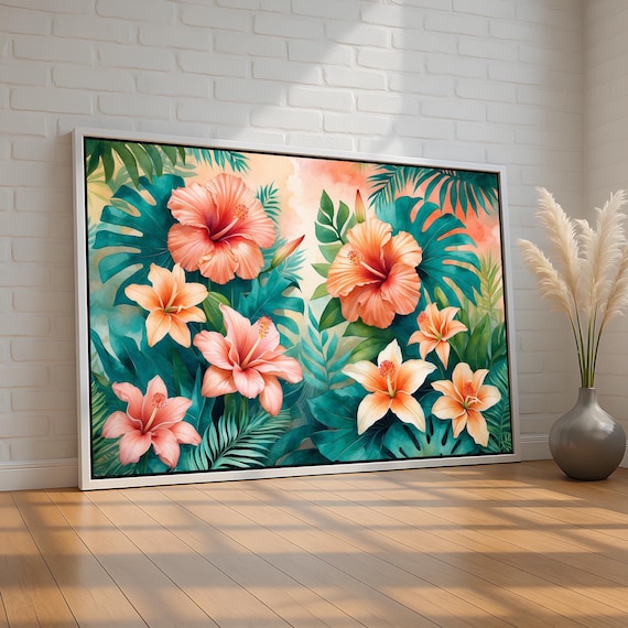 Tropical Hibiscus Lily Floral Coral Orange Flowers Art Poster