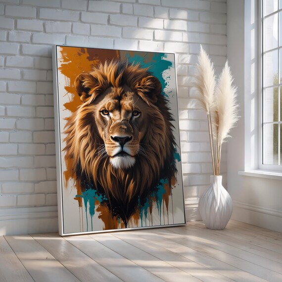 Majestic Lion Portrait Canvas Poster Bold Wildlife Wall Art With Abstract Paint Splatter King Of The Jungle Decor Ready To Hang