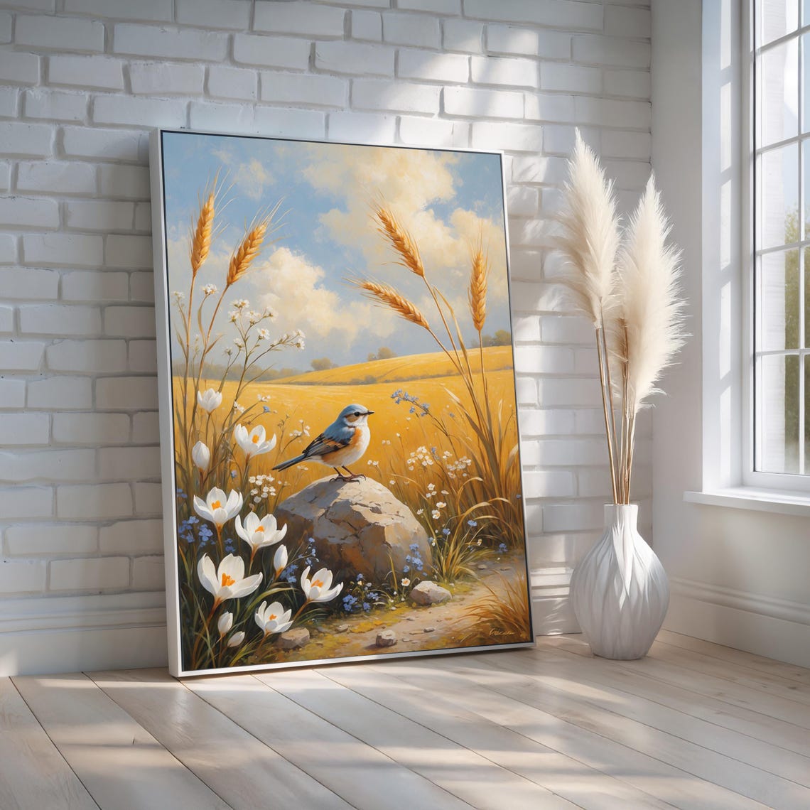 Songbird Perched on Rock in Golden Wheat Field Nature Poster