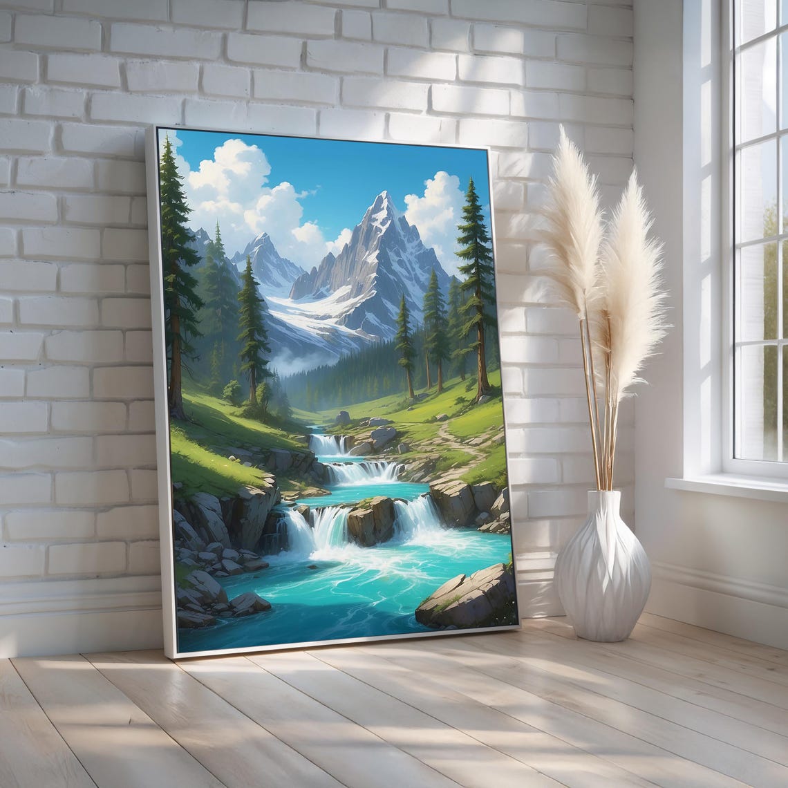 Snowy Mountain Waterfalls Turquoise Stream Pine Forest Scenic Poster