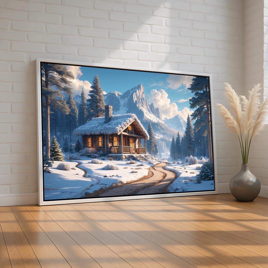 Snowy Winter Cabin Retreat Lit Windows Mountain Escape Poster