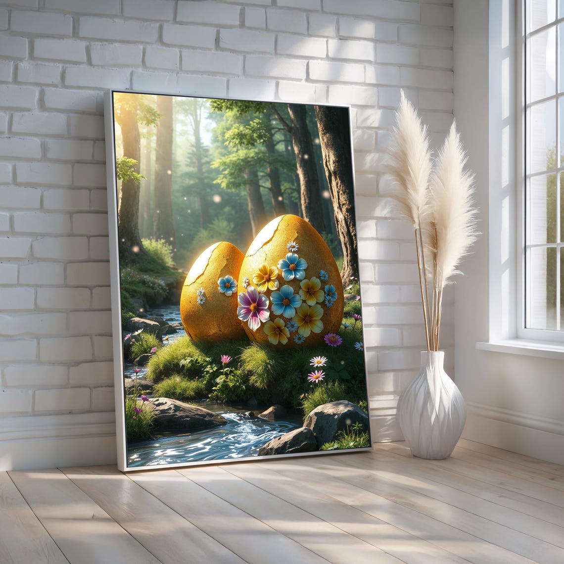 Golden Easter Eggs In Forest Whimsical Spring Wall Art Floral Fantasy Canvas Print Nature Poster Ready To Hang