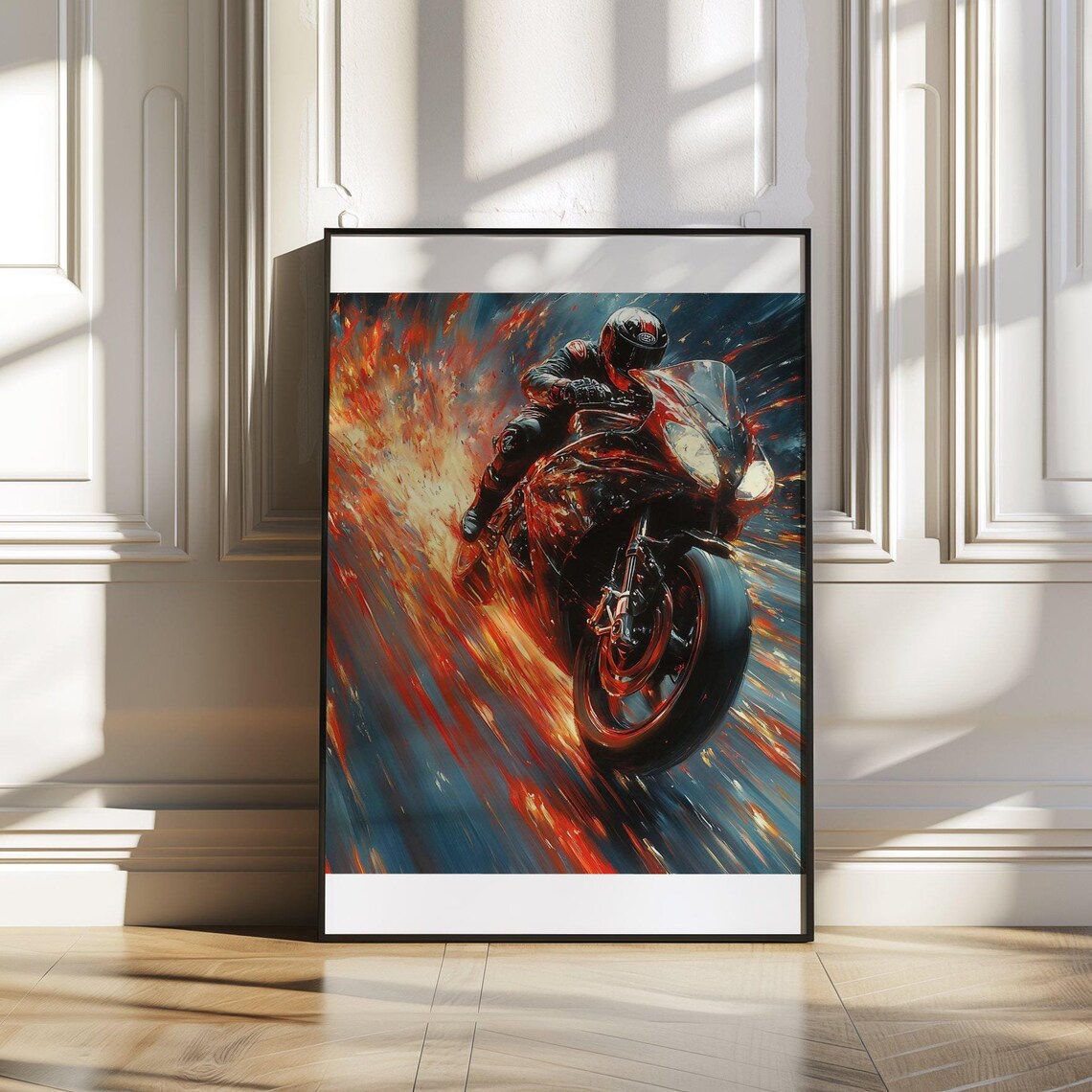 Fiery Racing Motorbike Poster High Speed Sports Bike Action Art