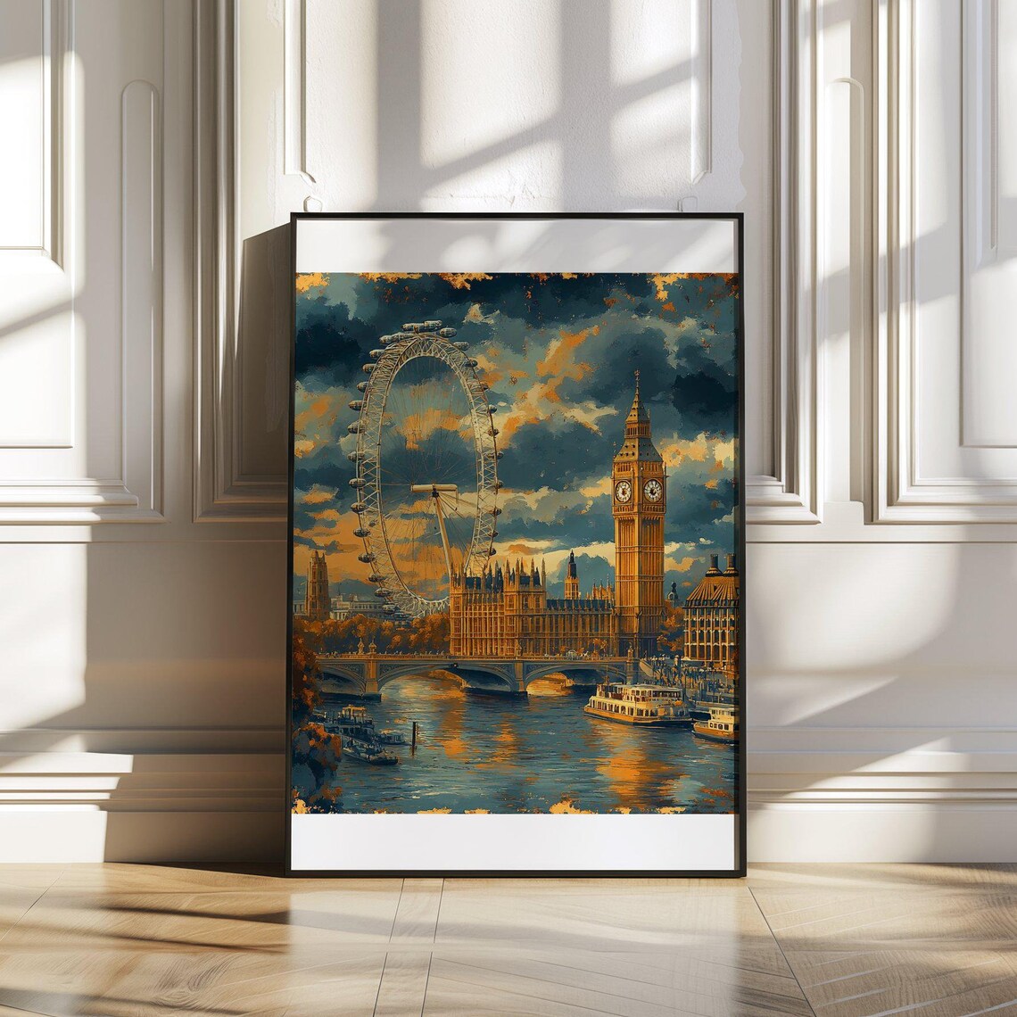 London Eye Big Ben Sunset Poster Golden Skyline Cityscape Art